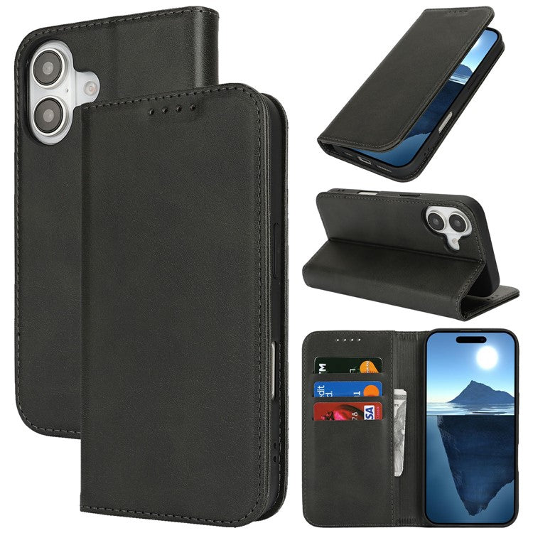 For iPhone 16 Plus Case PU Leather Calf Textured Magnetic Closing Smart Phone Cover - Black