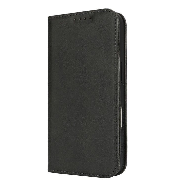 For iPhone 16 Plus Case PU Leather Calf Textured Magnetic Closing Smart Phone Cover - Black