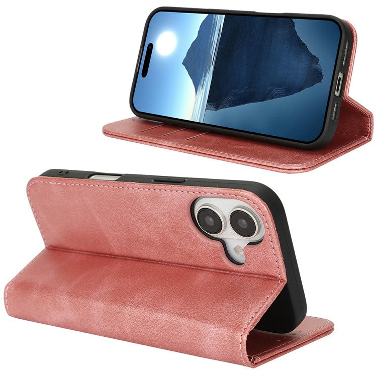 For iPhone 16 Case PU Leather Calf Textured Magnetic Closing Smart Phone Cover - Rose Gold