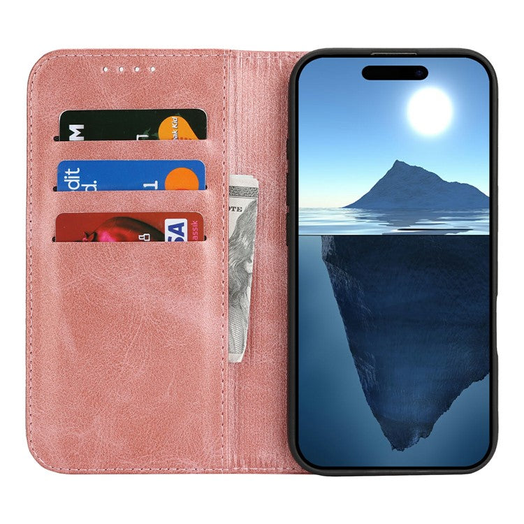For iPhone 16 Case PU Leather Calf Textured Magnetic Closing Smart Phone Cover - Rose Gold