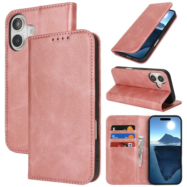 For iPhone 16 Case PU Leather Calf Textured Magnetic Closing Smart Phone Cover - Rose Gold