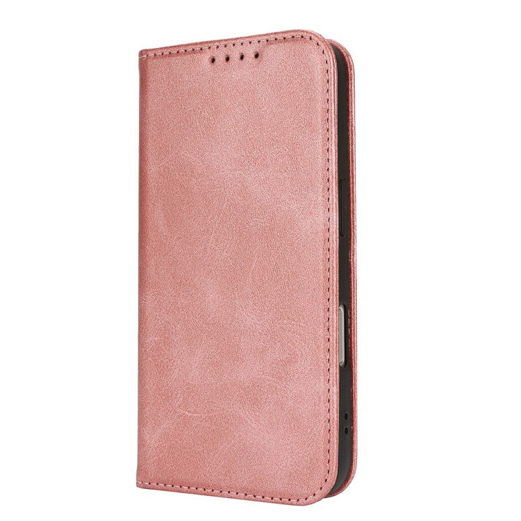 For iPhone 16 Case PU Leather Calf Textured Magnetic Closing Smart Phone Cover - Rose Gold
