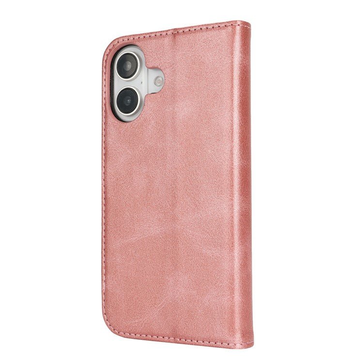 For iPhone 16 Case PU Leather Calf Textured Magnetic Closing Smart Phone Cover - Rose Gold