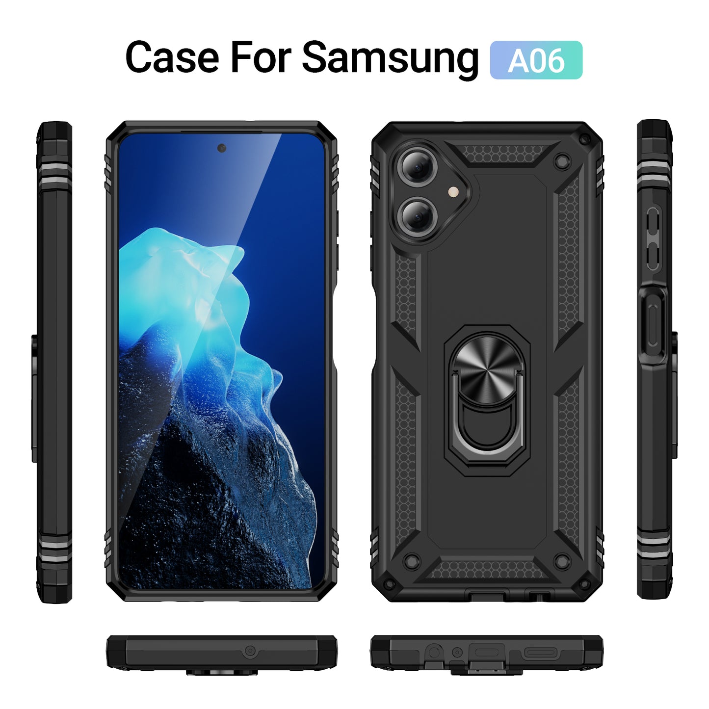 For Samsung Galaxy A06 Case PC+TPU Phone Cover with Rotary Ring Kickstand - Black