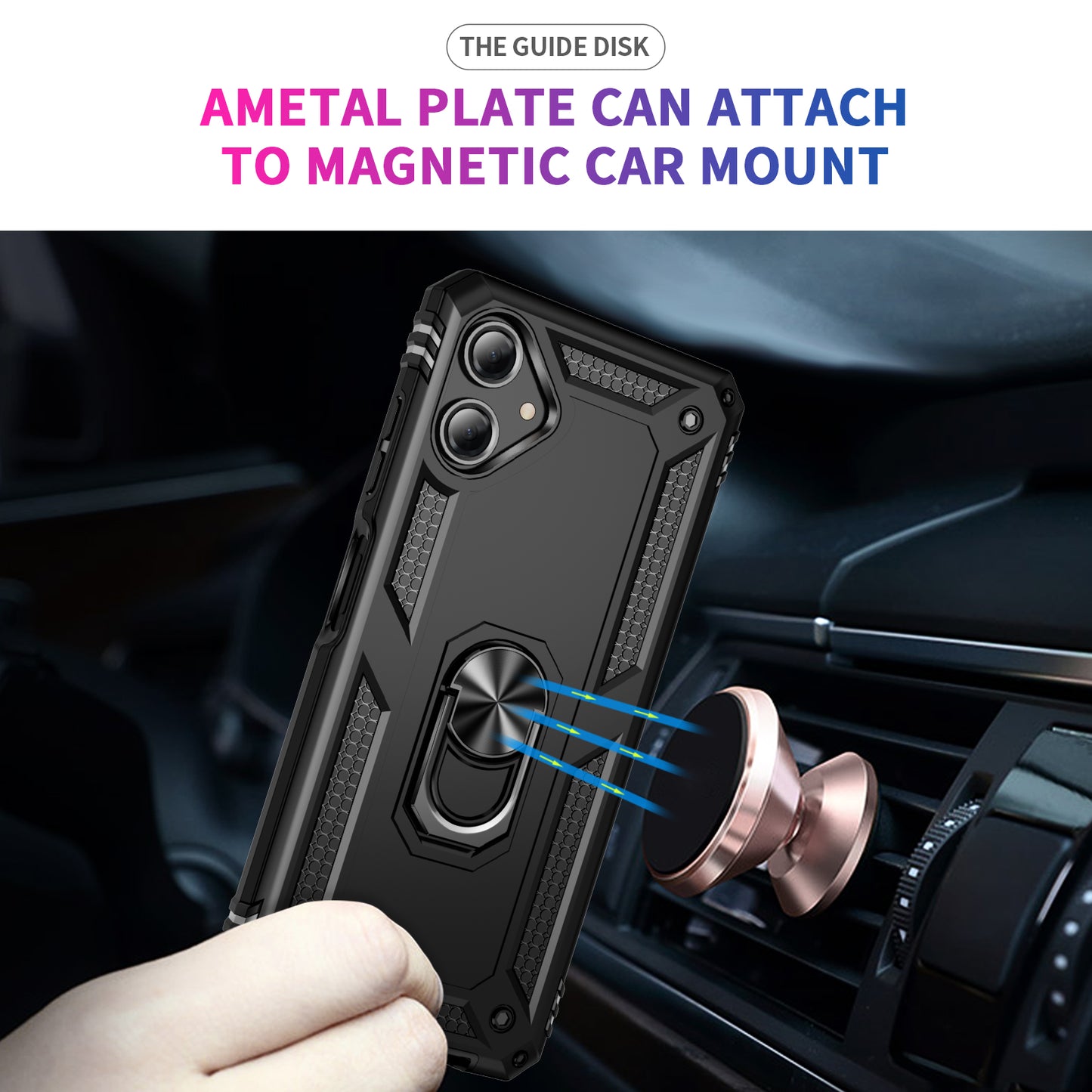 For Samsung Galaxy A06 Case PC+TPU Phone Cover with Rotary Ring Kickstand - Black