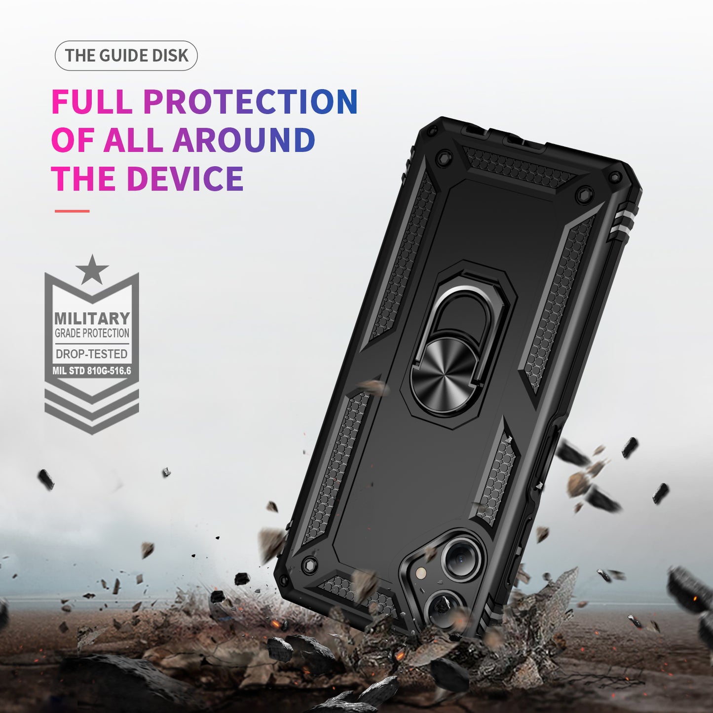 For Samsung Galaxy A06 Case PC+TPU Phone Cover with Rotary Ring Kickstand - Black