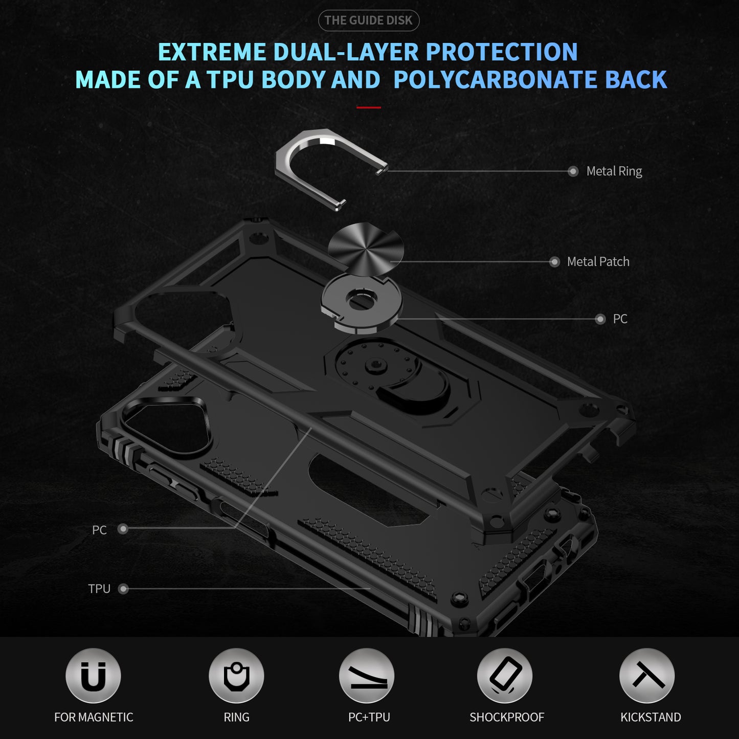 For Samsung Galaxy A06 Case PC+TPU Phone Cover with Rotary Ring Kickstand - Black