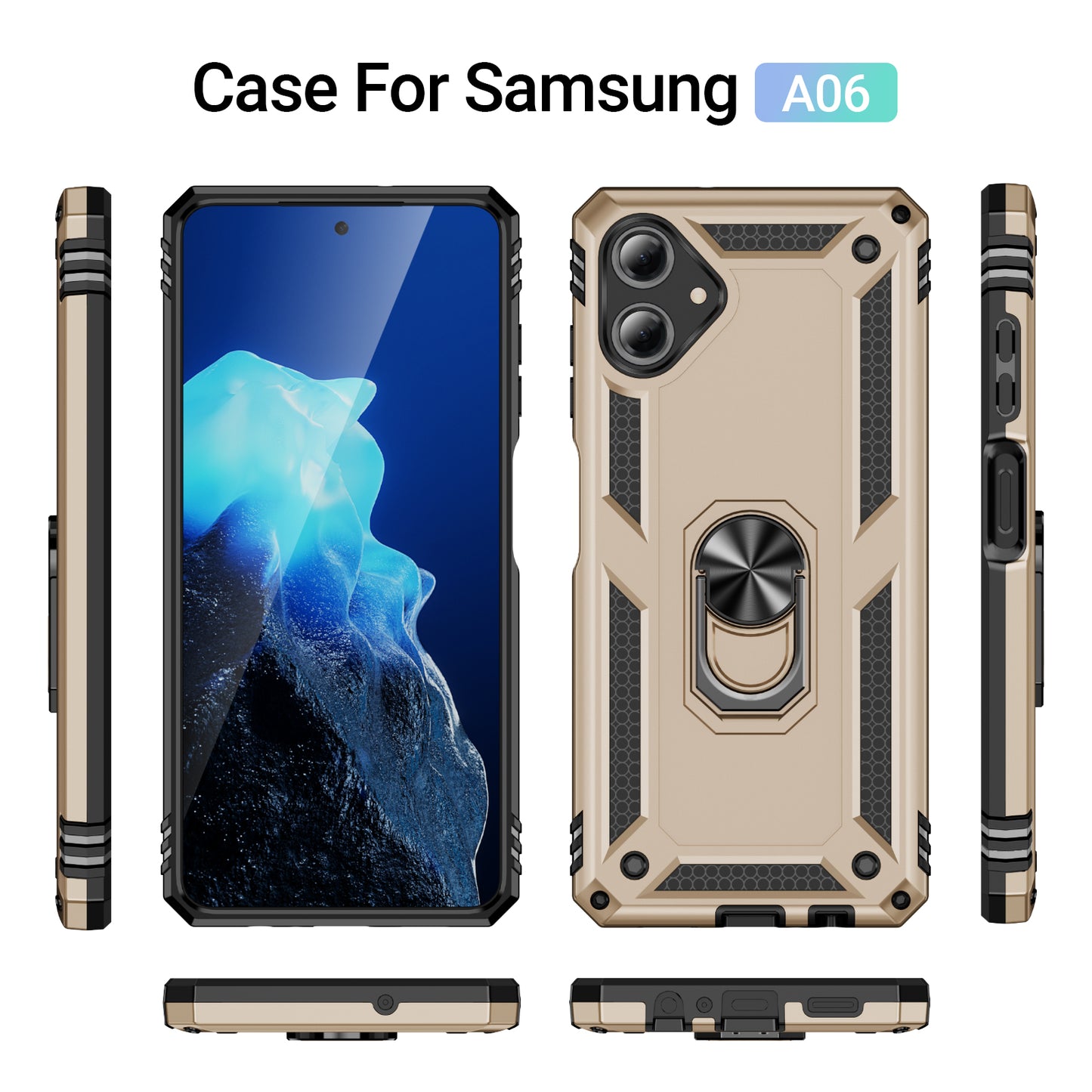 For Samsung Galaxy A06 Case PC+TPU Phone Cover with Rotary Ring Kickstand - Gold