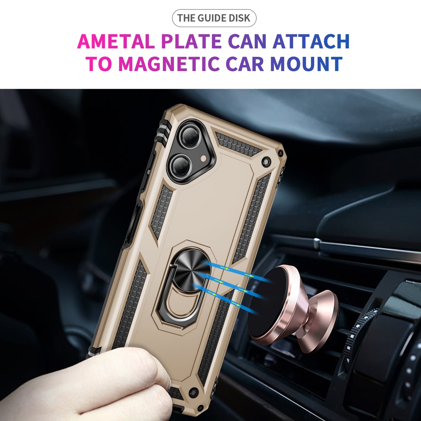 For Samsung Galaxy A06 Case PC+TPU Phone Cover with Rotary Ring Kickstand - Gold