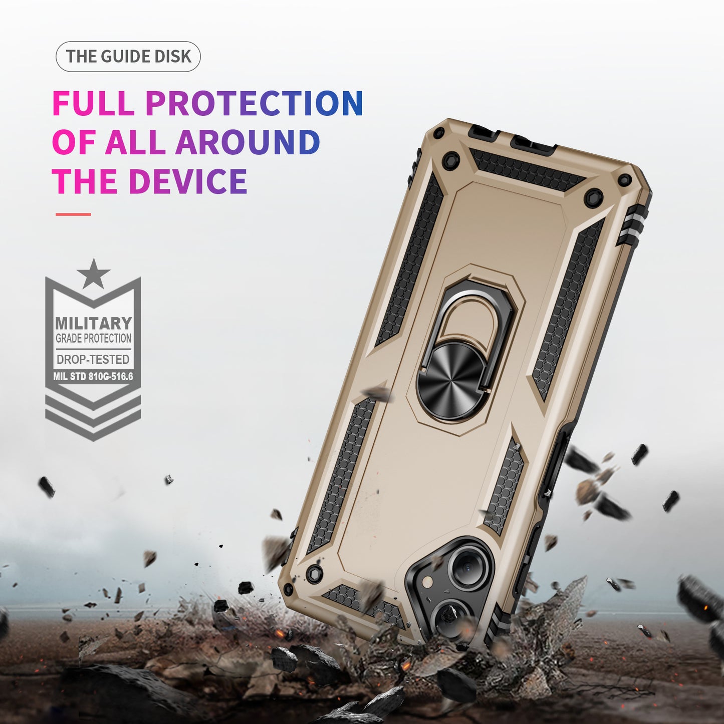 For Samsung Galaxy A06 Case PC+TPU Phone Cover with Rotary Ring Kickstand - Gold