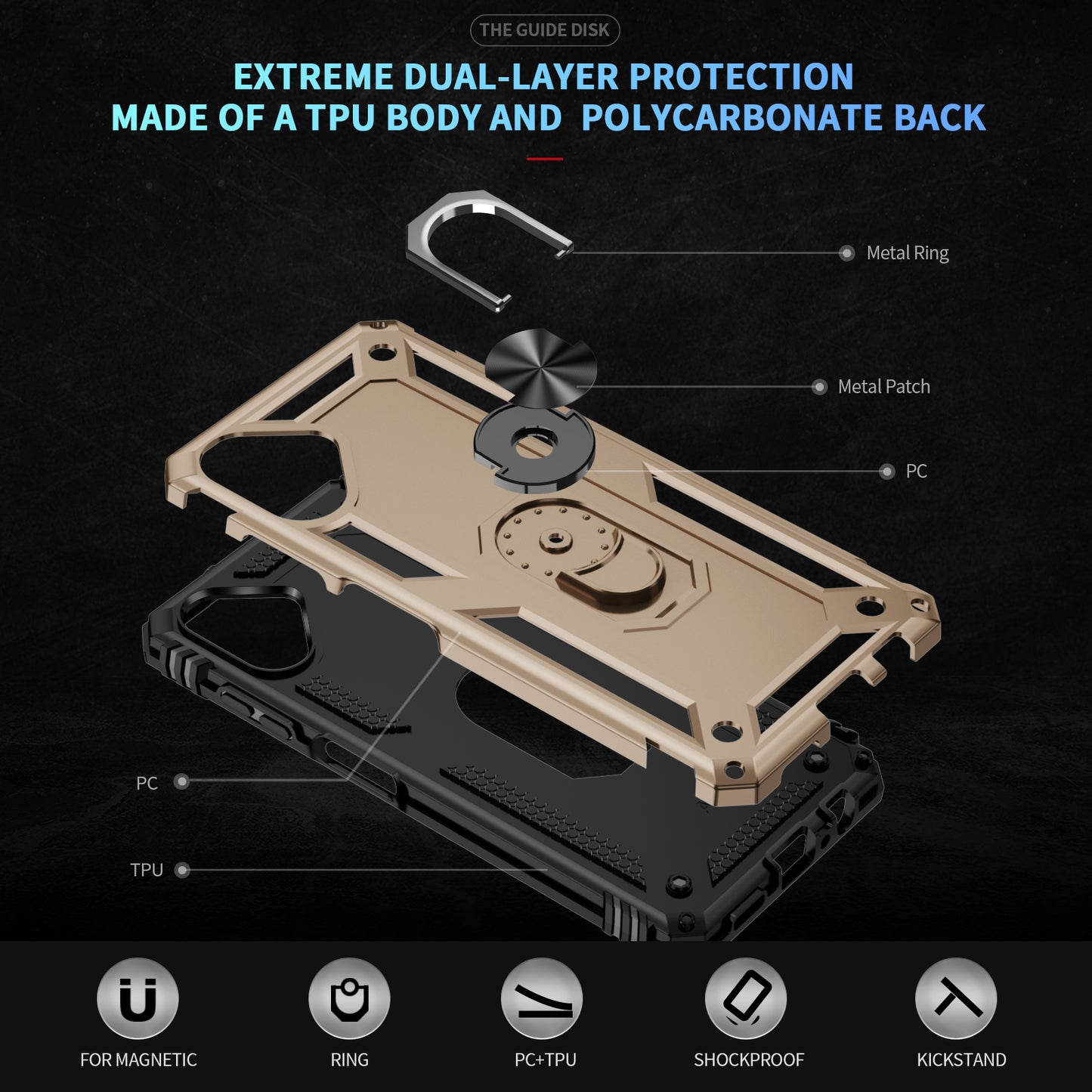 For Samsung Galaxy A06 Case PC+TPU Phone Cover with Rotary Ring Kickstand - Gold