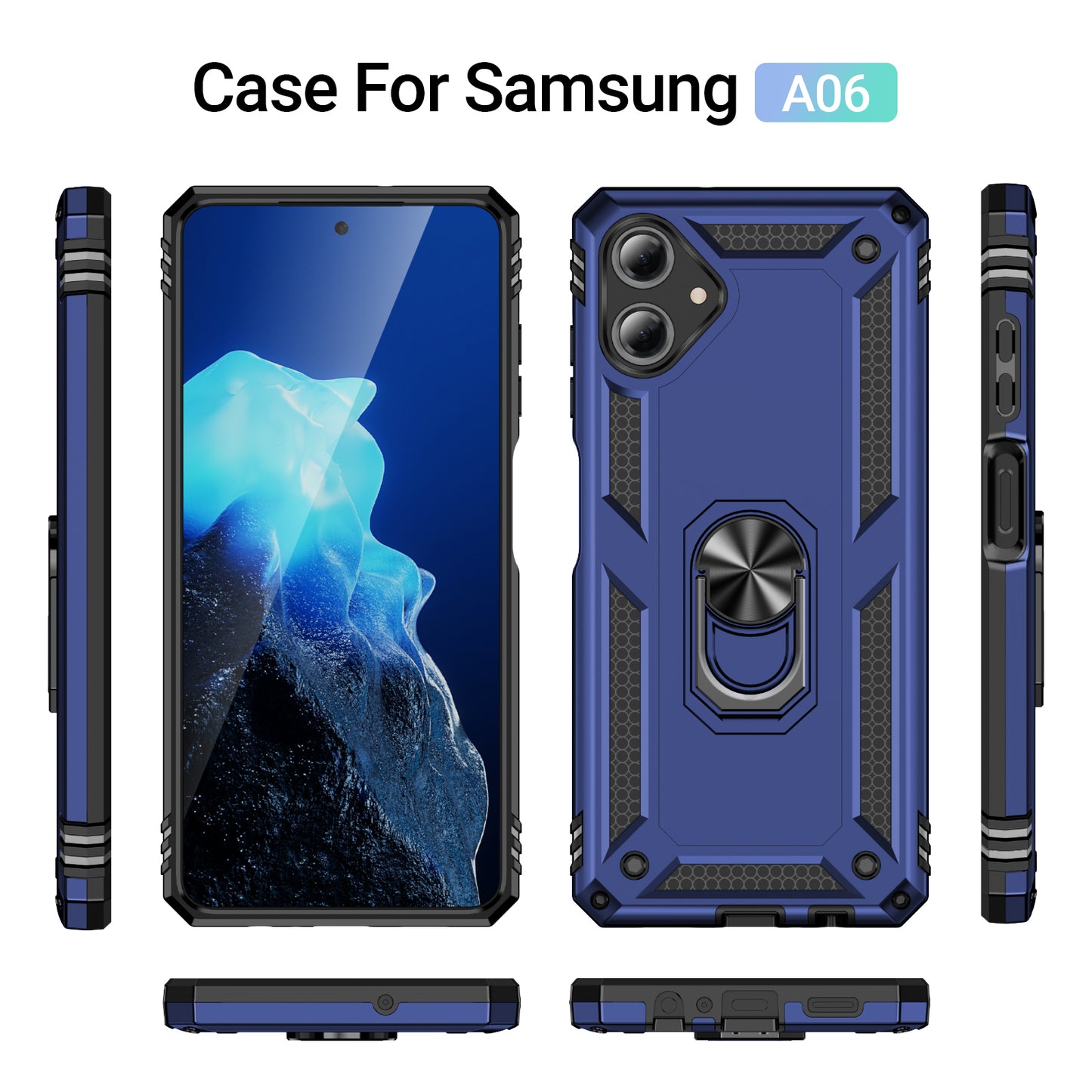 For Samsung Galaxy A06 Case PC+TPU Phone Cover with Rotary Ring Kickstand - Blue
