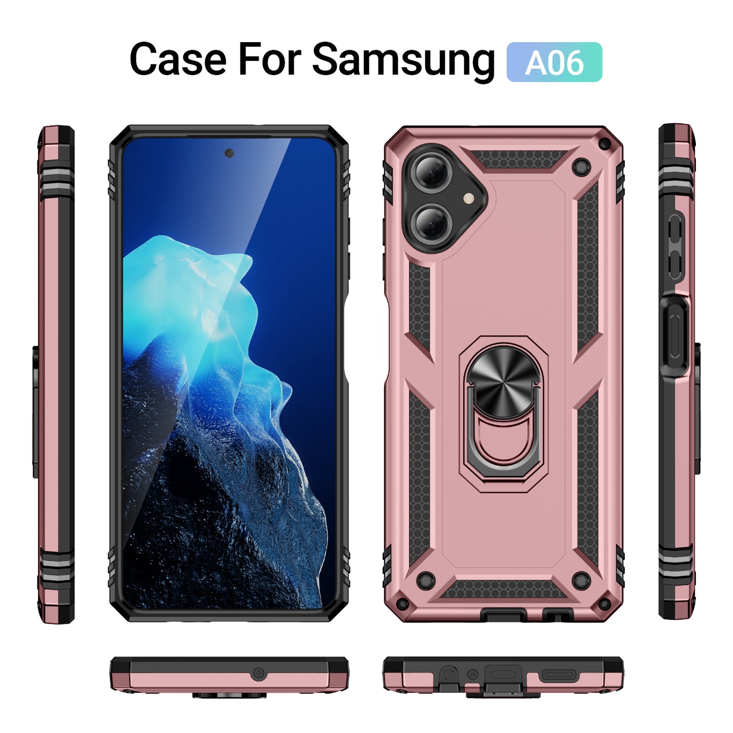 For Samsung Galaxy A06 Case PC+TPU Phone Cover with Rotary Ring Kickstand - Rose Gold