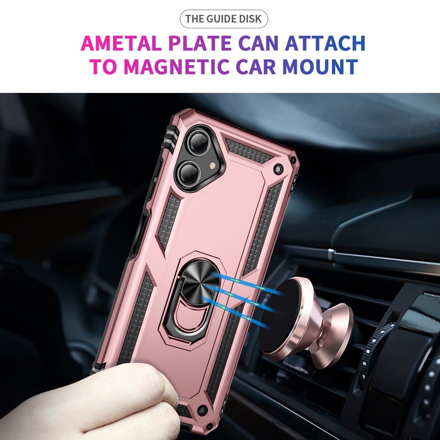 For Samsung Galaxy A06 Case PC+TPU Phone Cover with Rotary Ring Kickstand - Rose Gold