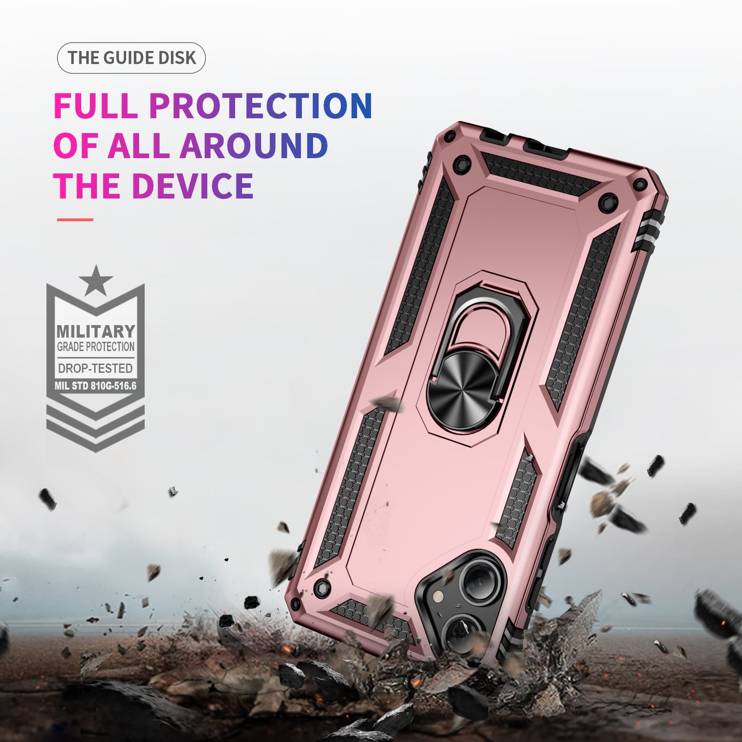 For Samsung Galaxy A06 Case PC+TPU Phone Cover with Rotary Ring Kickstand - Rose Gold