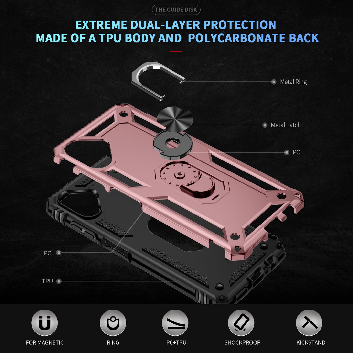 For Samsung Galaxy A06 Case PC+TPU Phone Cover with Rotary Ring Kickstand - Rose Gold