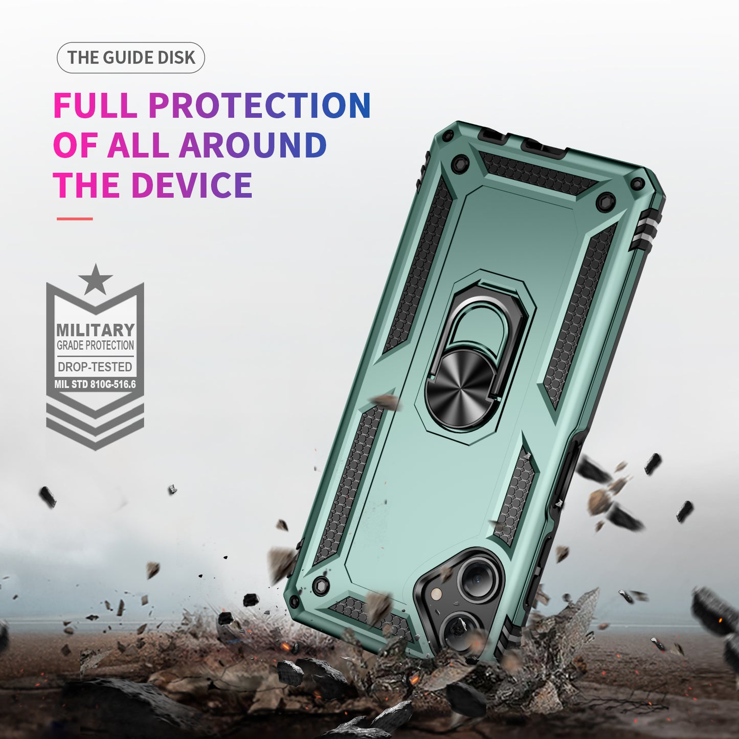 For Samsung Galaxy A06 Case PC+TPU Phone Cover with Rotary Ring Kickstand - Blackish Green