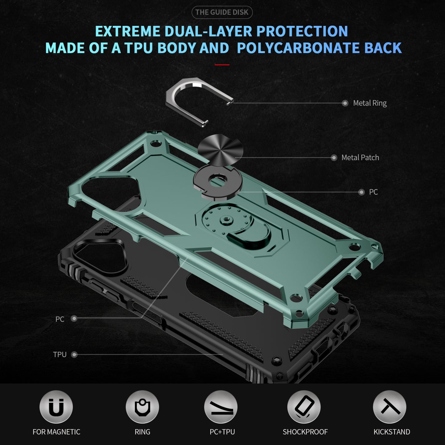 For Samsung Galaxy A06 Case PC+TPU Phone Cover with Rotary Ring Kickstand - Blackish Green