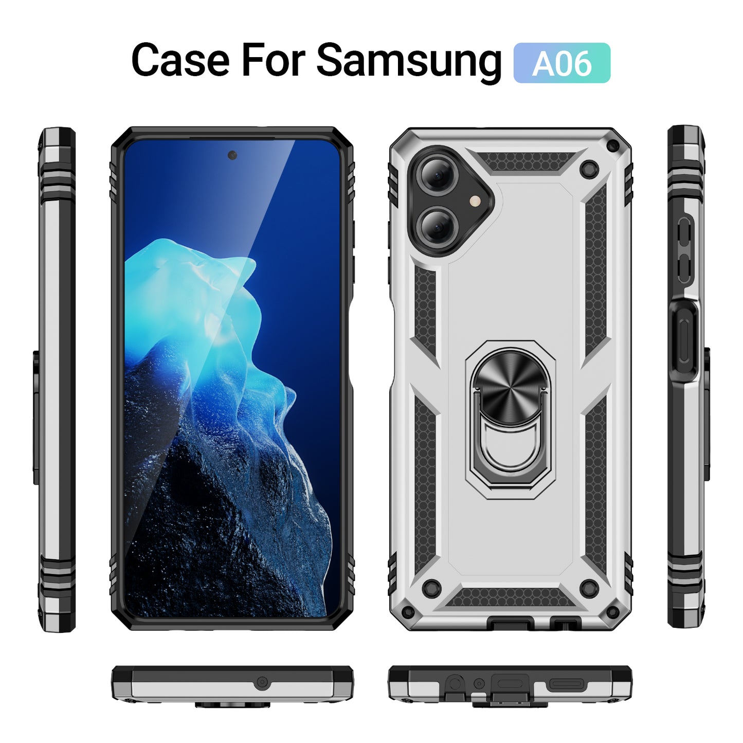 For Samsung Galaxy A06 Case PC+TPU Phone Cover with Rotary Ring Kickstand - Silver