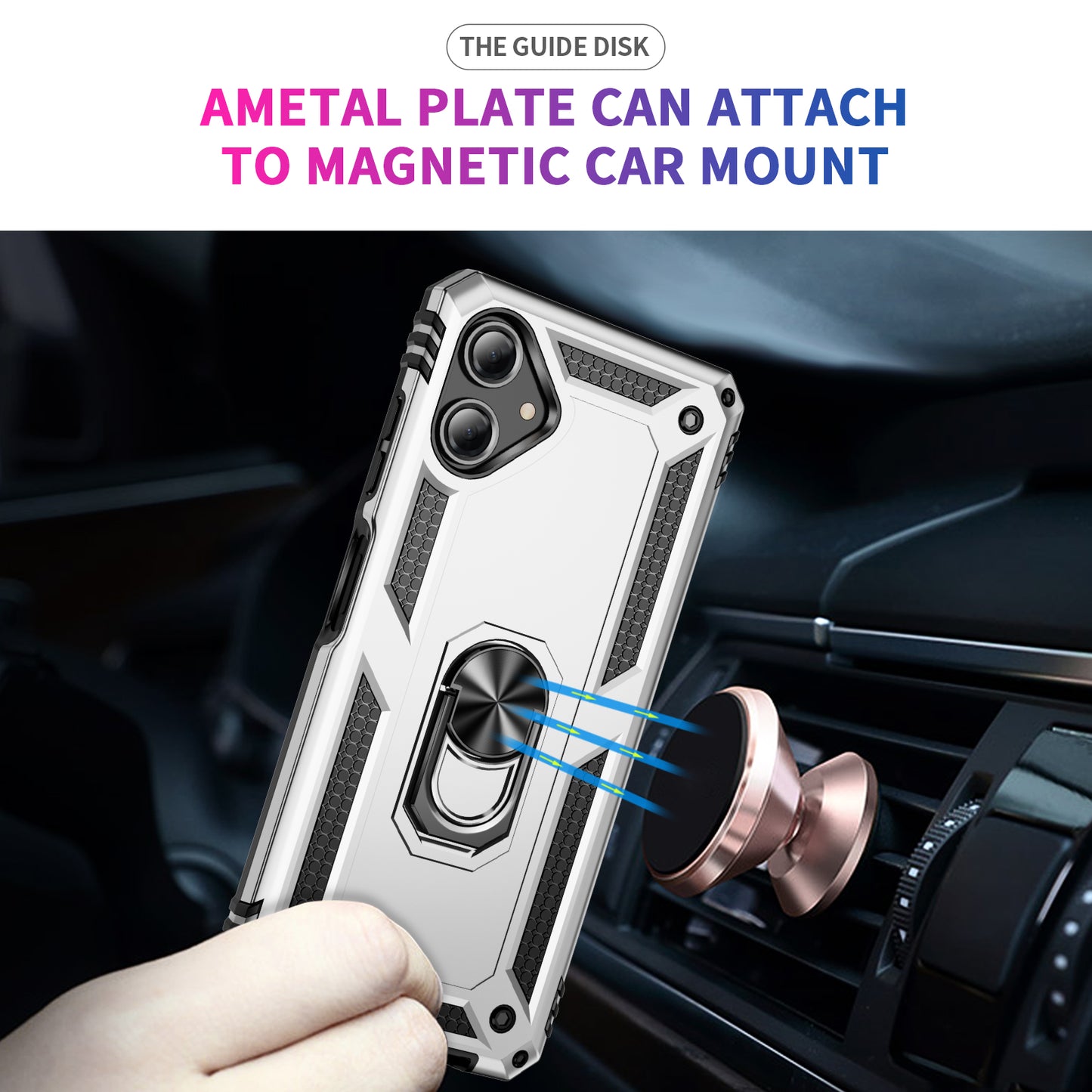 For Samsung Galaxy A06 Case PC+TPU Phone Cover with Rotary Ring Kickstand - Silver