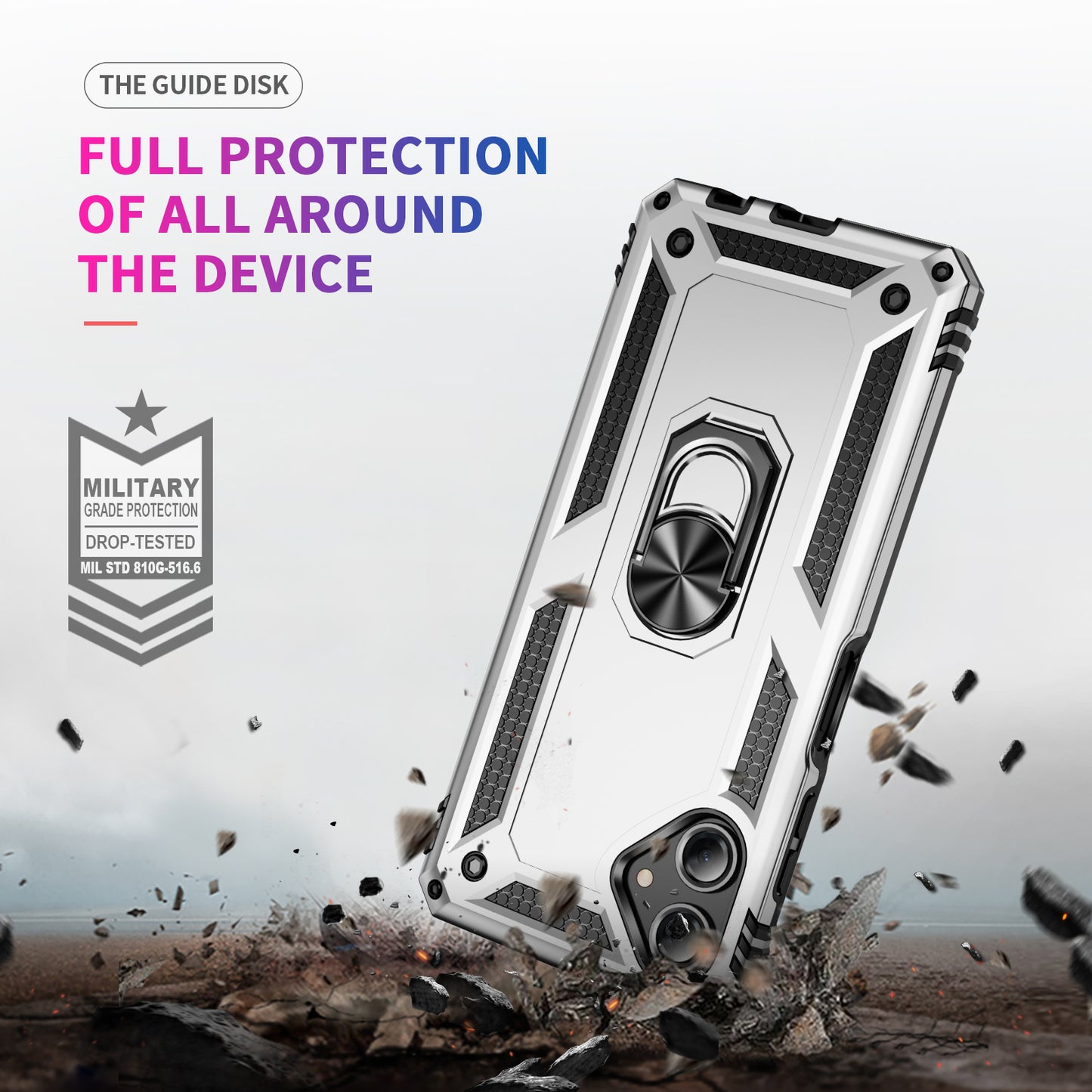 For Samsung Galaxy A06 Case PC+TPU Phone Cover with Rotary Ring Kickstand - Silver