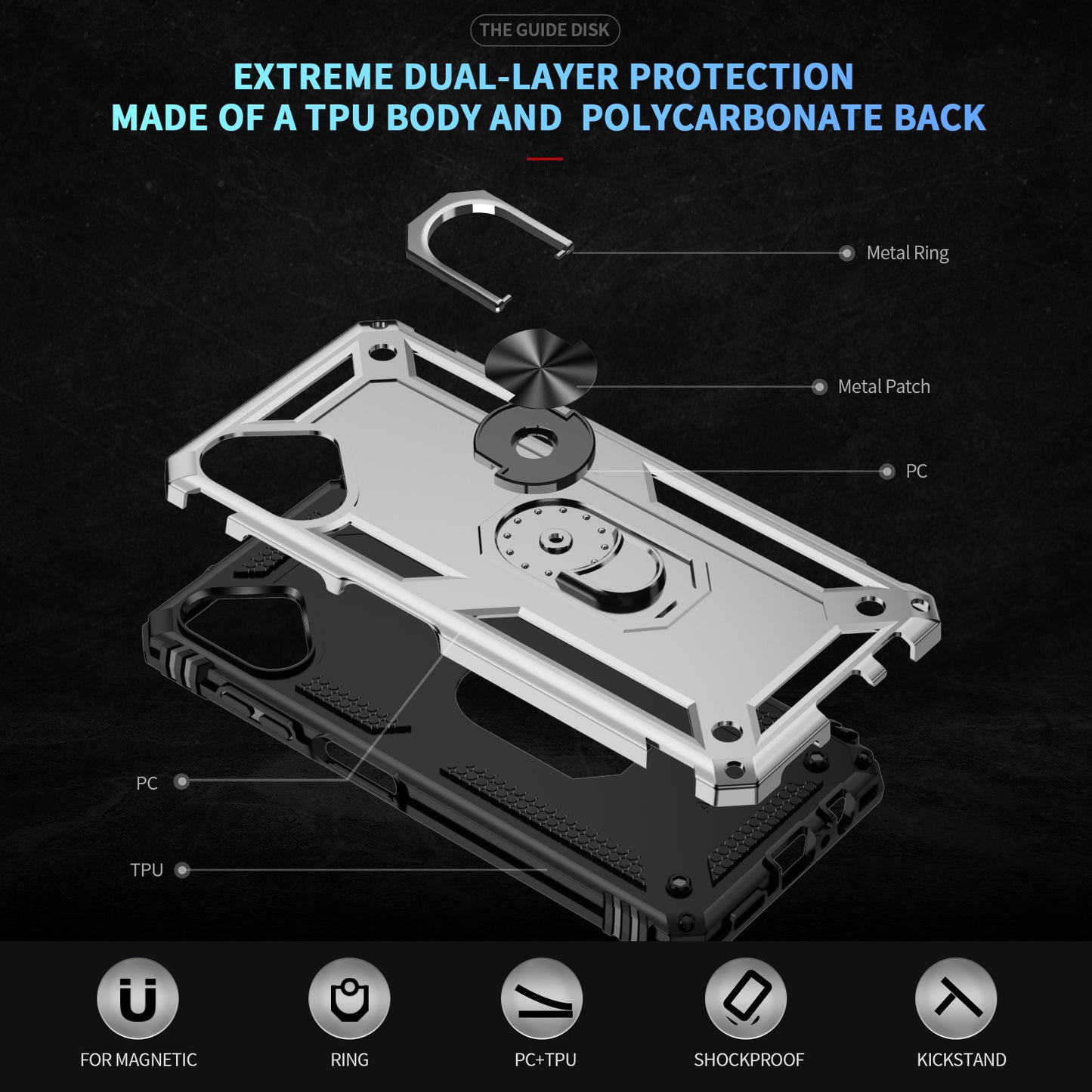 For Samsung Galaxy A06 Case PC+TPU Phone Cover with Rotary Ring Kickstand - Silver