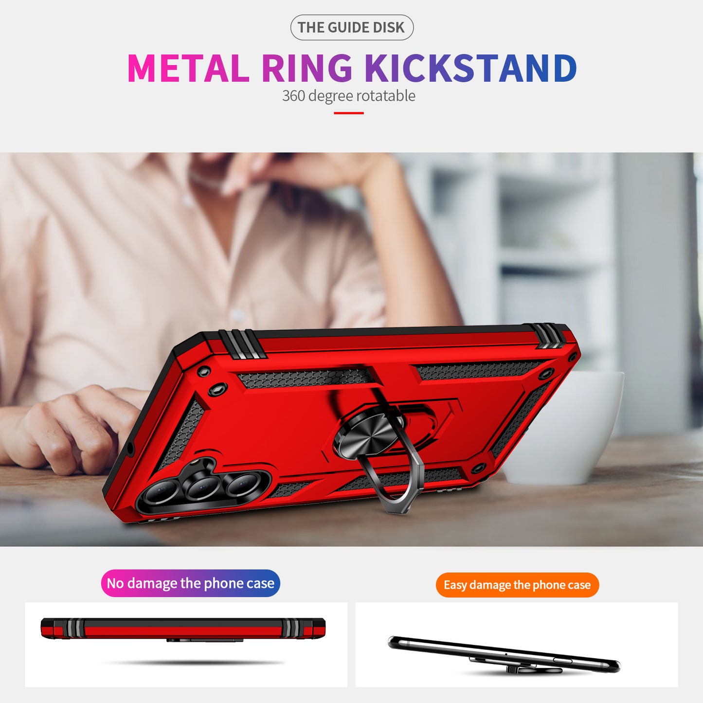 For Samsung Galaxy A16 5G / A16 4G Case PC+TPU Phone Cover with Rotary Ring Kickstand - Red