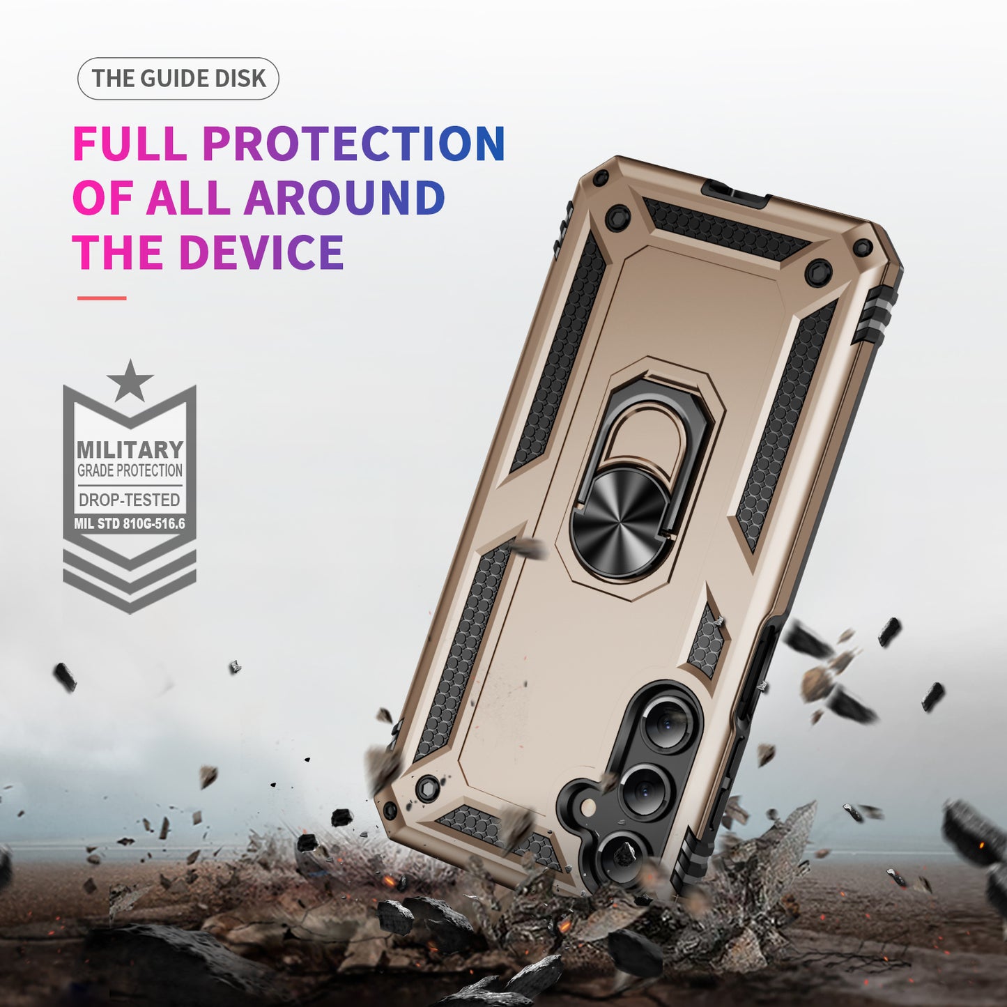 For Samsung Galaxy A16 5G / A16 4G Case PC+TPU Phone Cover with Rotary Ring Kickstand - Gold