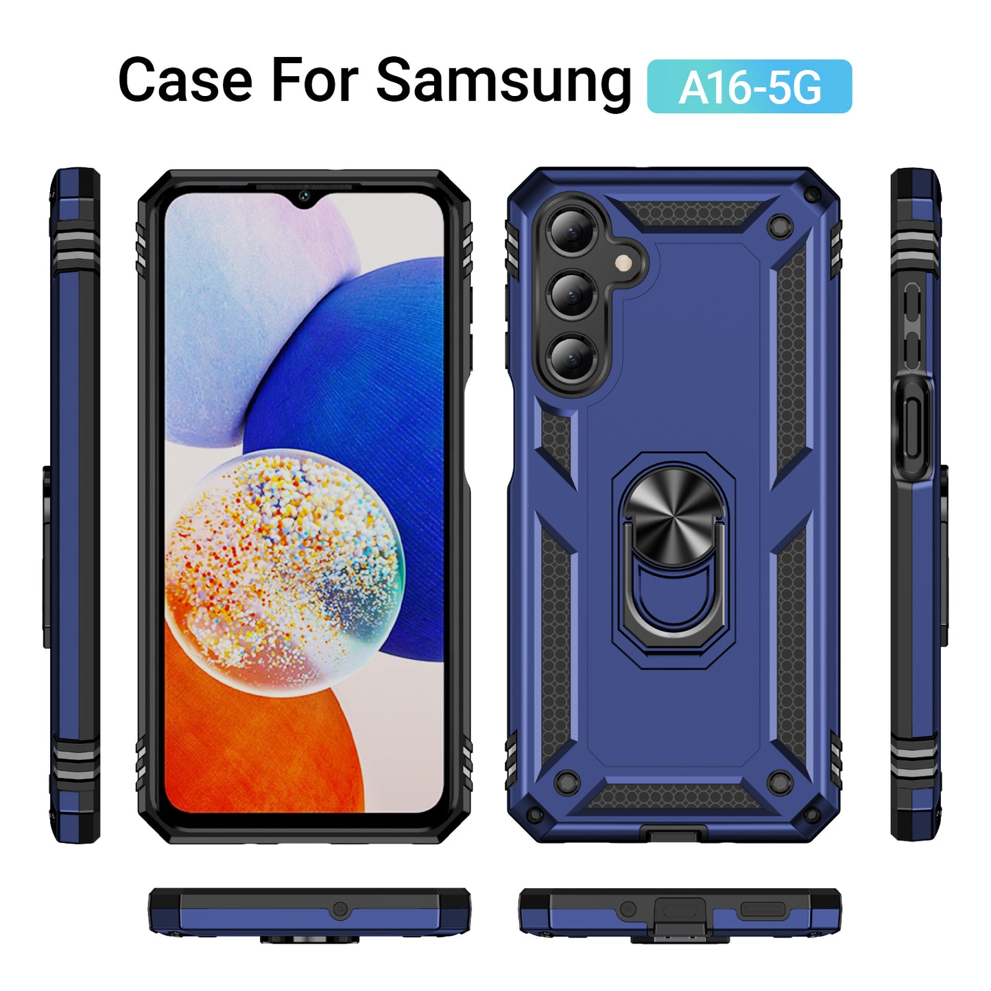 For Samsung Galaxy A16 5G / A16 4G Case PC+TPU Phone Cover with Rotary Ring Kickstand - Blue