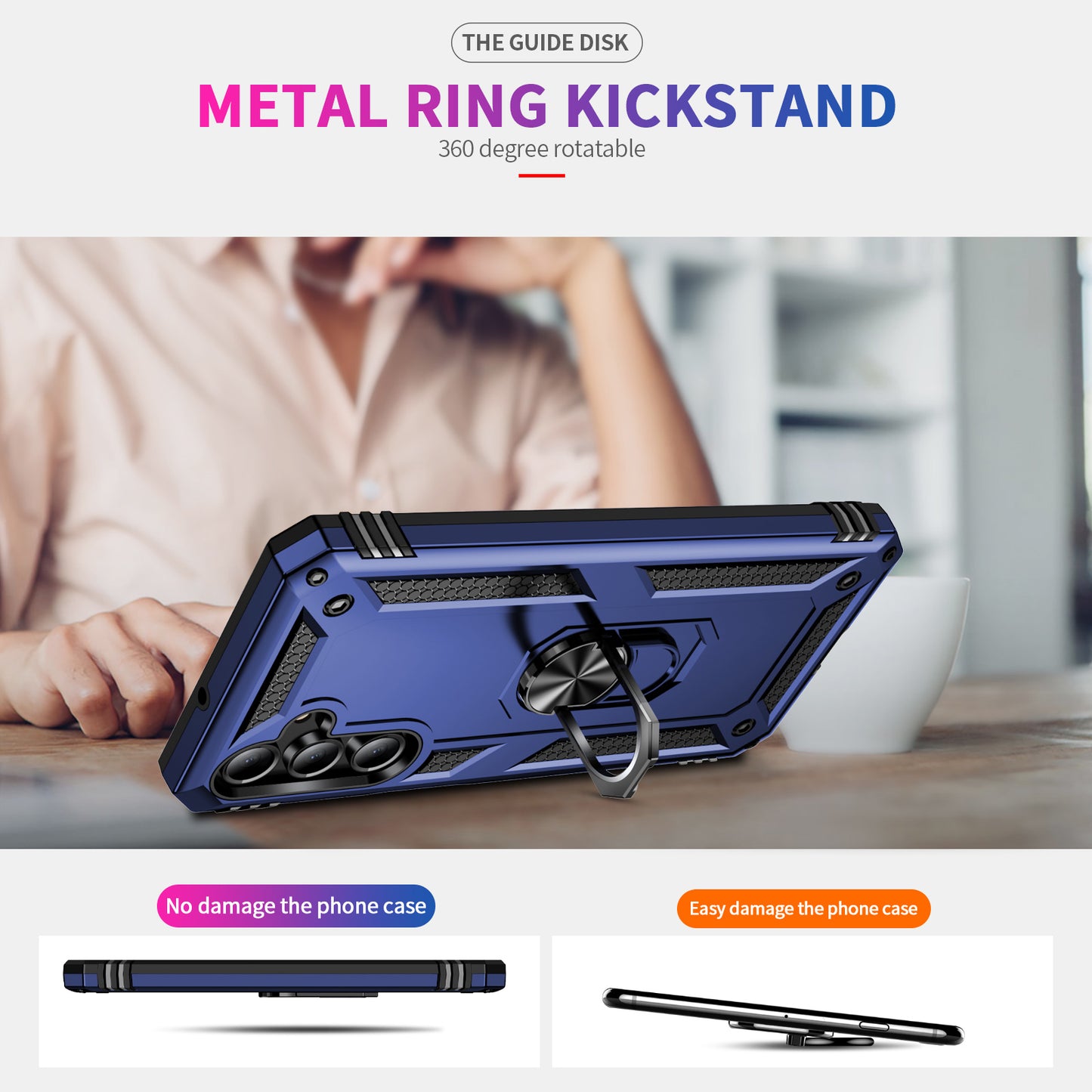 For Samsung Galaxy A16 5G / A16 4G Case PC+TPU Phone Cover with Rotary Ring Kickstand - Blue