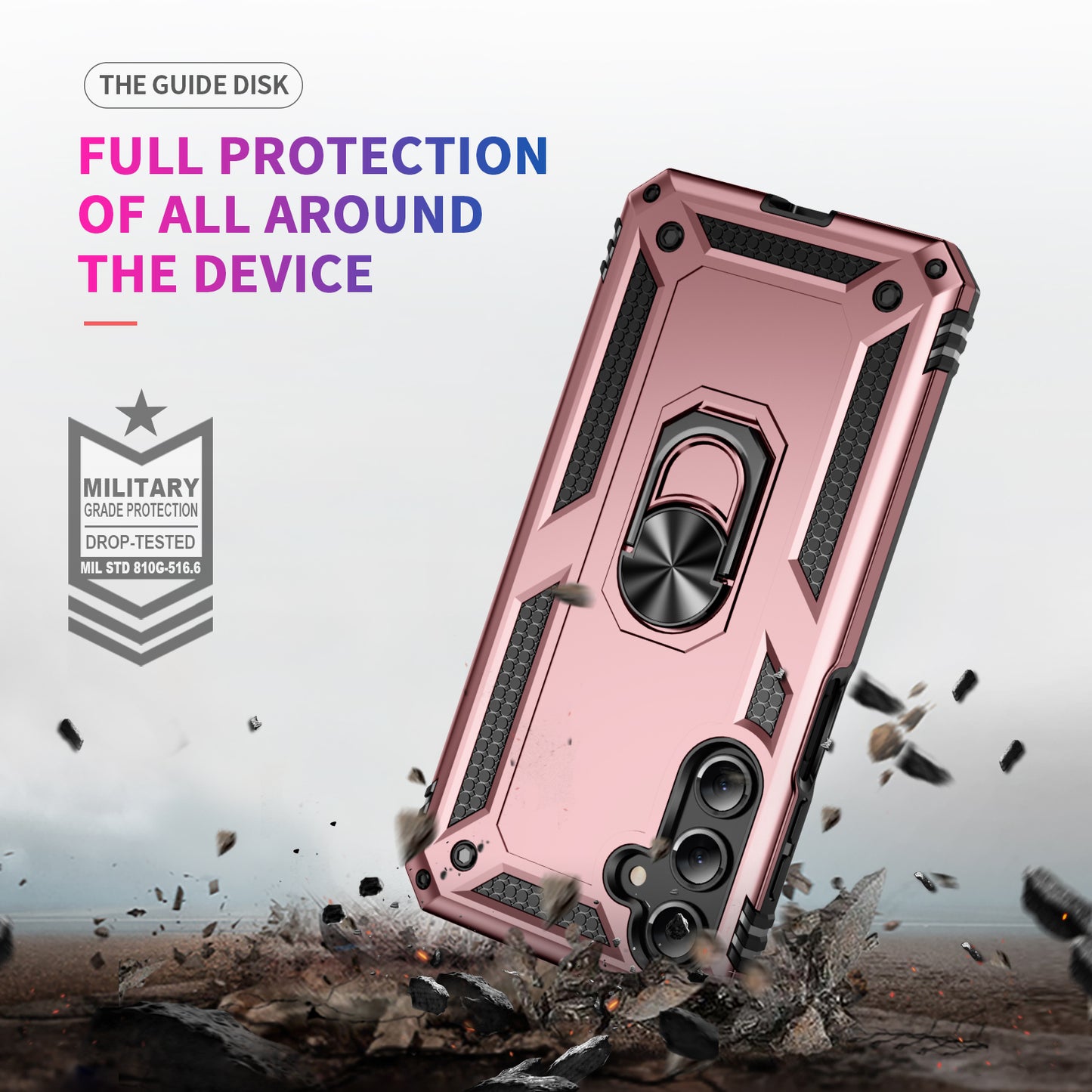 For Samsung Galaxy A16 5G / A16 4G Case PC+TPU Phone Cover with Rotary Ring Kickstand - Rose Gold