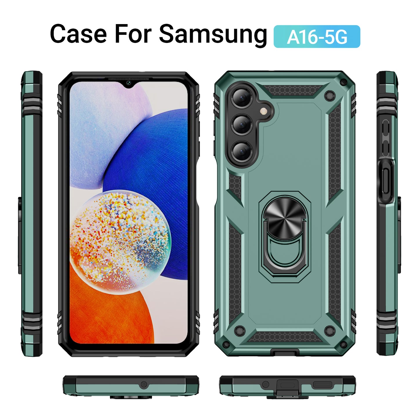 For Samsung Galaxy A16 5G / A16 4G Case PC+TPU Phone Cover with Rotary Ring Kickstand - Blackish Green