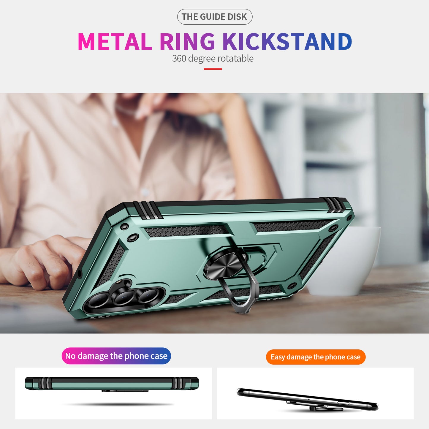 For Samsung Galaxy A16 5G / A16 4G Case PC+TPU Phone Cover with Rotary Ring Kickstand - Blackish Green