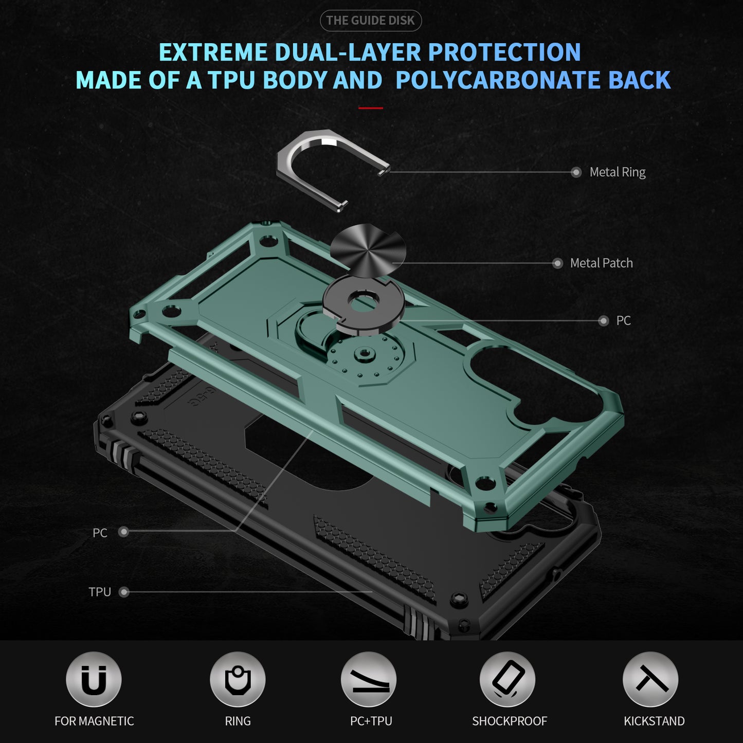 For Samsung Galaxy A16 5G / A16 4G Case PC+TPU Phone Cover with Rotary Ring Kickstand - Blackish Green