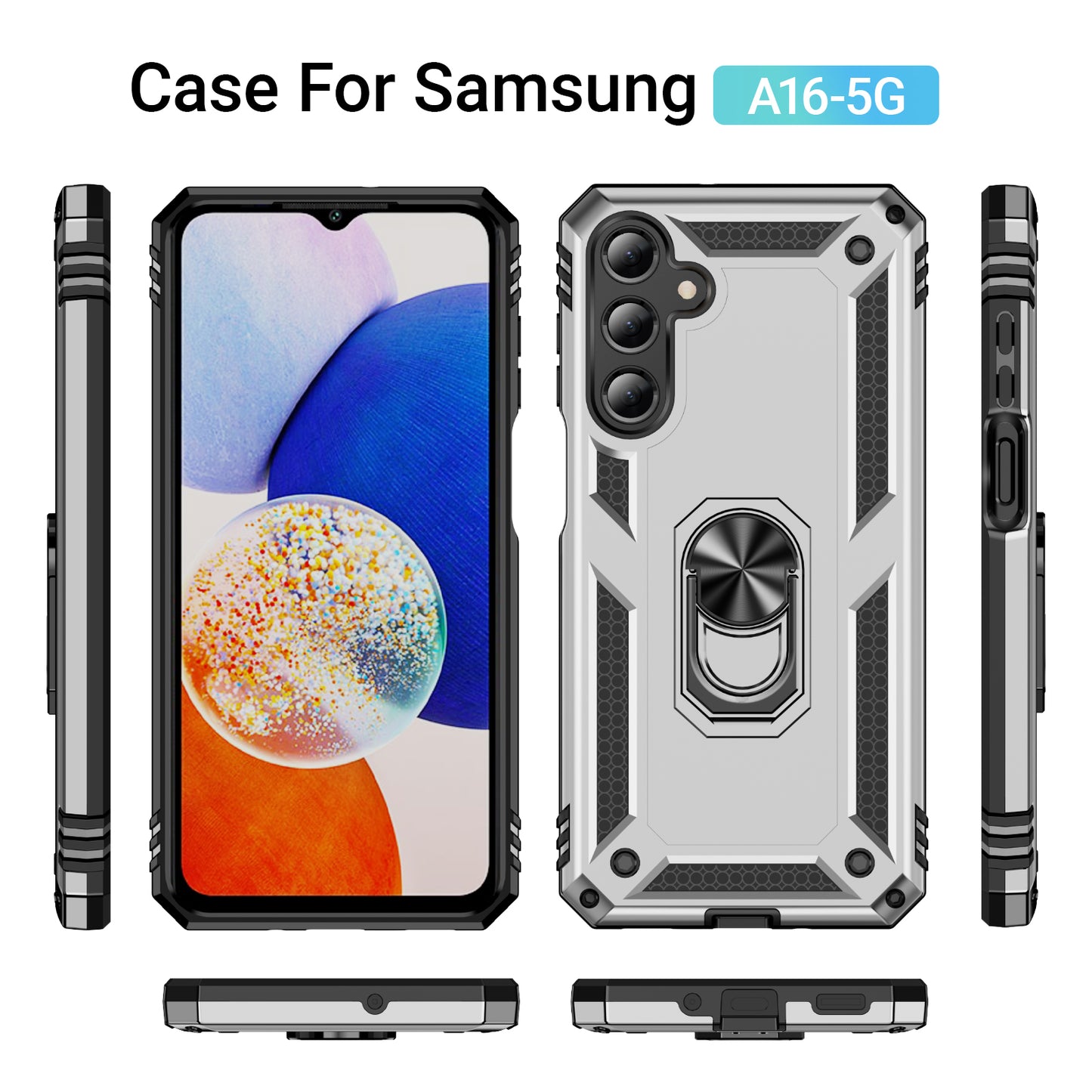 For Samsung Galaxy A16 5G / A16 4G Case PC+TPU Phone Cover with Rotary Ring Kickstand - Silver