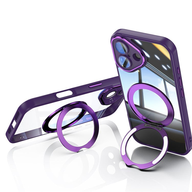 For iPhone 16 Case Rotatable Magnetic Kickstand TPU+PC Phone Cover with Lens Film - Dark Purple