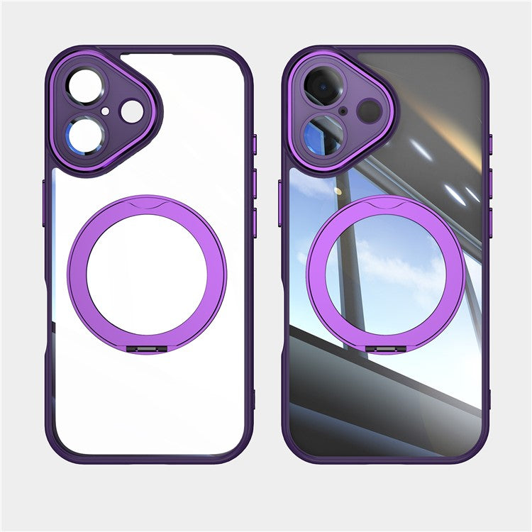 For iPhone 16 Case Rotatable Magnetic Kickstand TPU+PC Phone Cover with Lens Film - Dark Purple