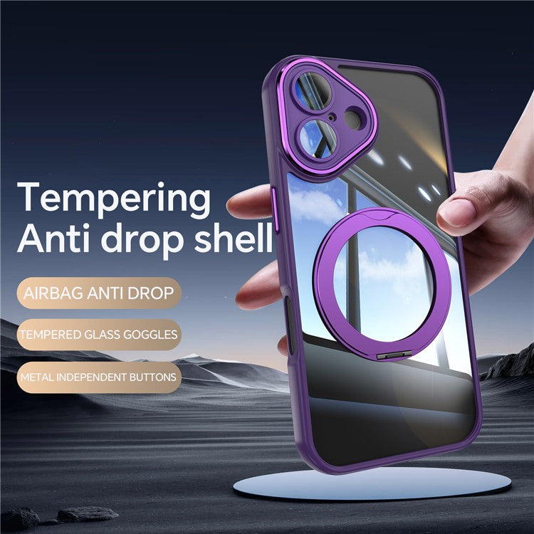 For iPhone 16 Case Rotatable Magnetic Kickstand TPU+PC Phone Cover with Lens Film - Dark Purple