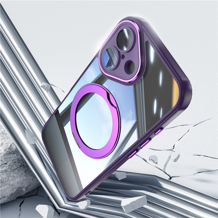 For iPhone 16 Case Rotatable Magnetic Kickstand TPU+PC Phone Cover with Lens Film - Dark Purple