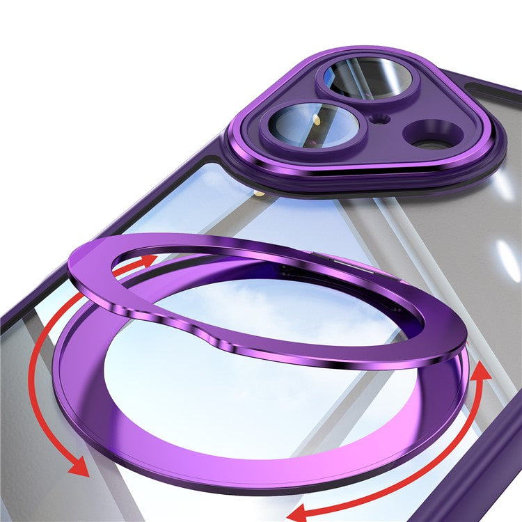 For iPhone 16 Case Rotatable Magnetic Kickstand TPU+PC Phone Cover with Lens Film - Dark Purple
