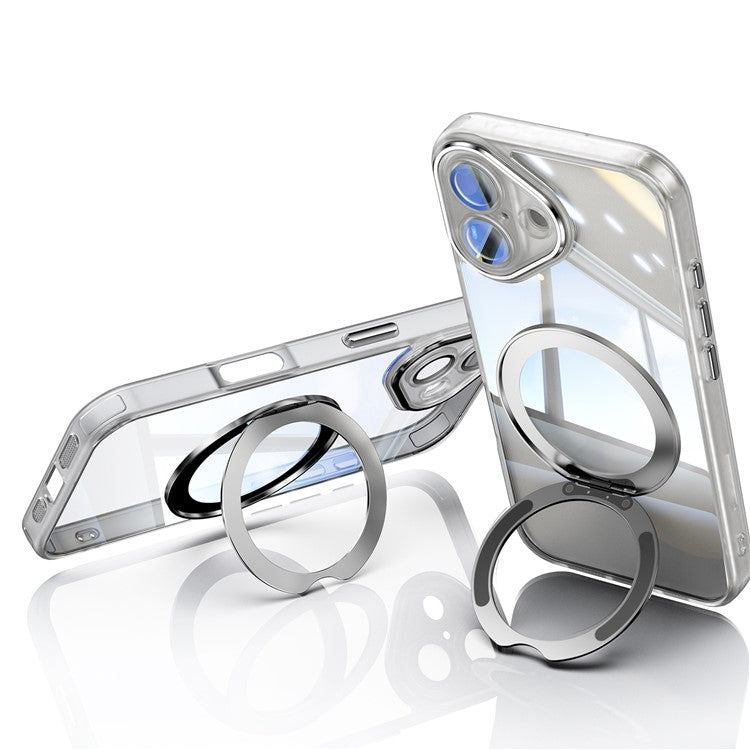 For iPhone 16 Case Rotatable Magnetic Kickstand TPU+PC Phone Cover with Lens Film - Transparent White