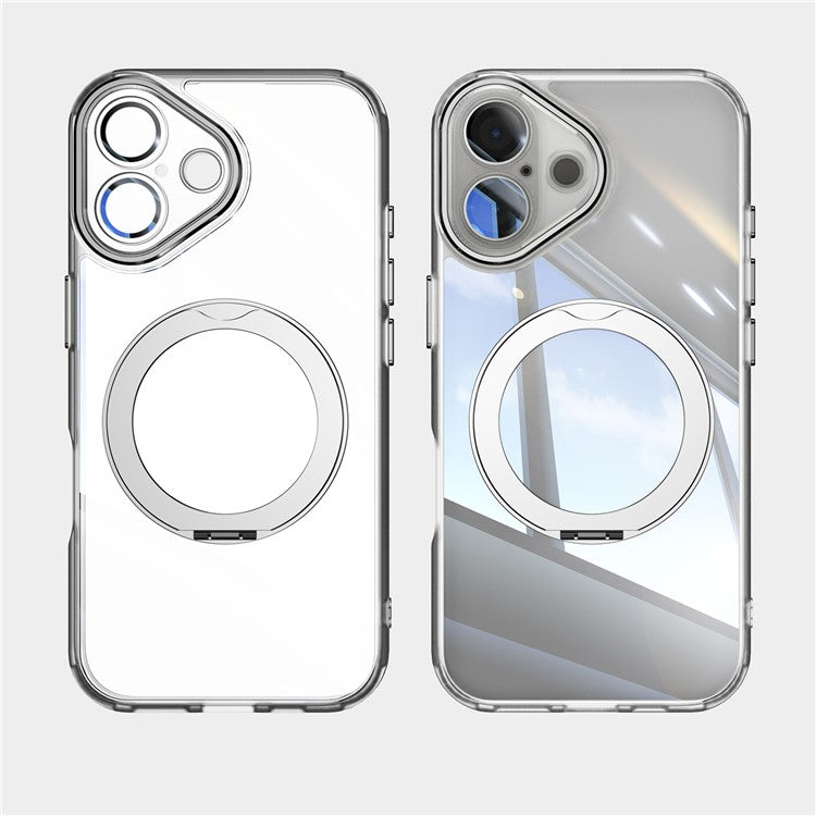 For iPhone 16 Case Rotatable Magnetic Kickstand TPU+PC Phone Cover with Lens Film - Transparent White