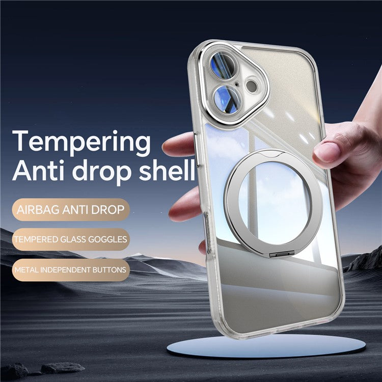 For iPhone 16 Case Rotatable Magnetic Kickstand TPU+PC Phone Cover with Lens Film - Transparent White