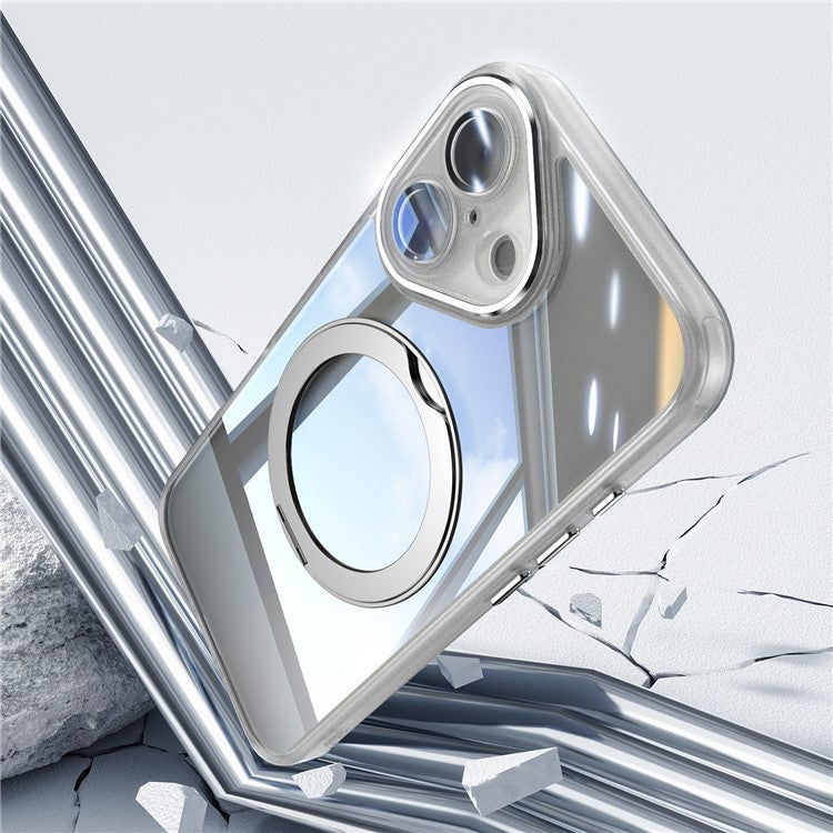 For iPhone 16 Case Rotatable Magnetic Kickstand TPU+PC Phone Cover with Lens Film - Transparent White