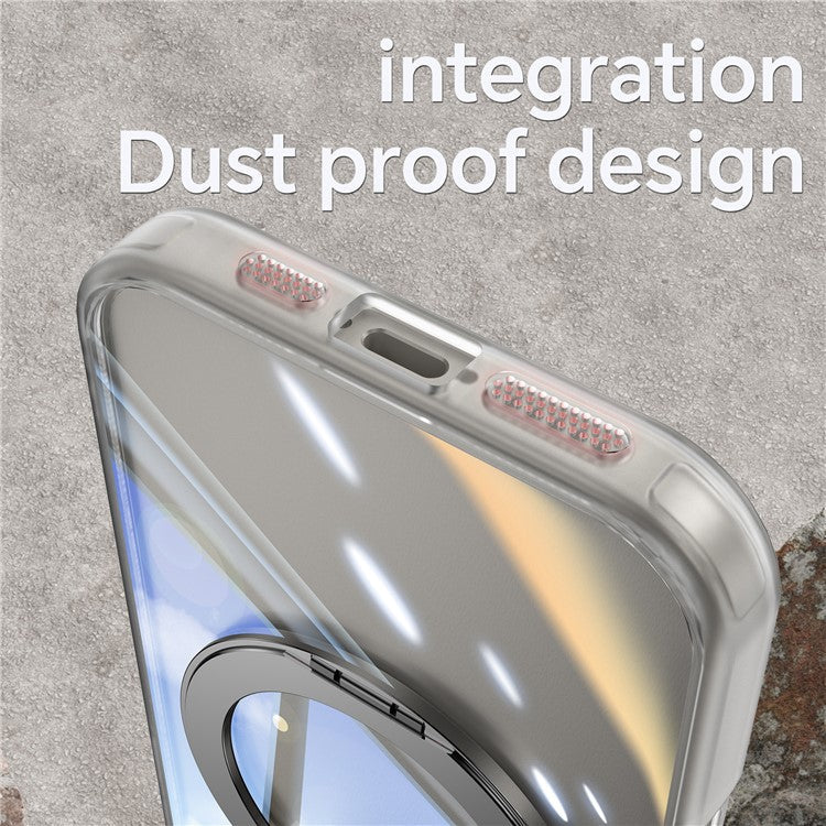 For iPhone 16 Case Rotatable Magnetic Kickstand TPU+PC Phone Cover with Lens Film - Transparent White