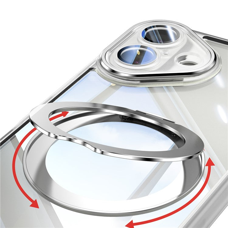 For iPhone 16 Case Rotatable Magnetic Kickstand TPU+PC Phone Cover with Lens Film - Transparent White