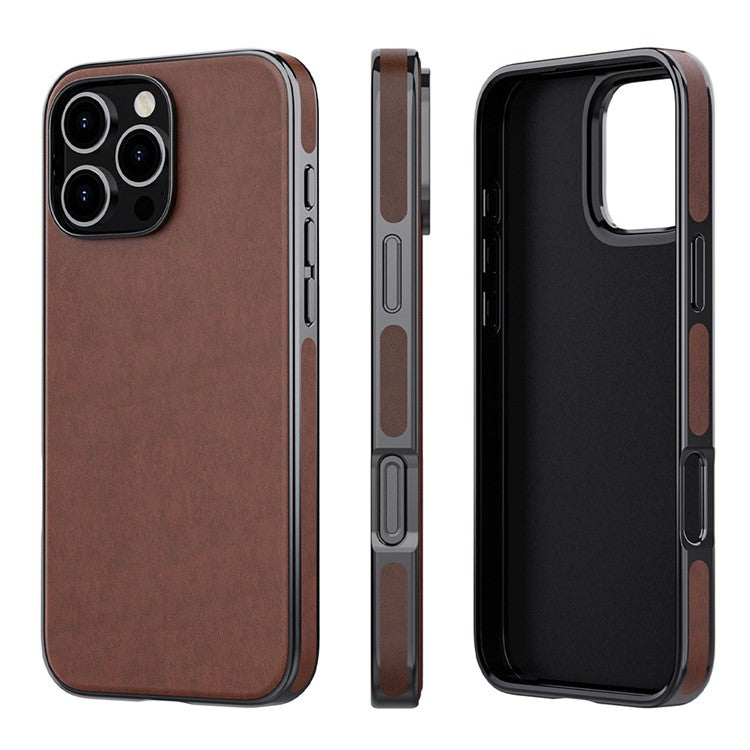 For iPhone 16 Pro Case PU Leather Coated TPU Shockproof Back Cover - Brown