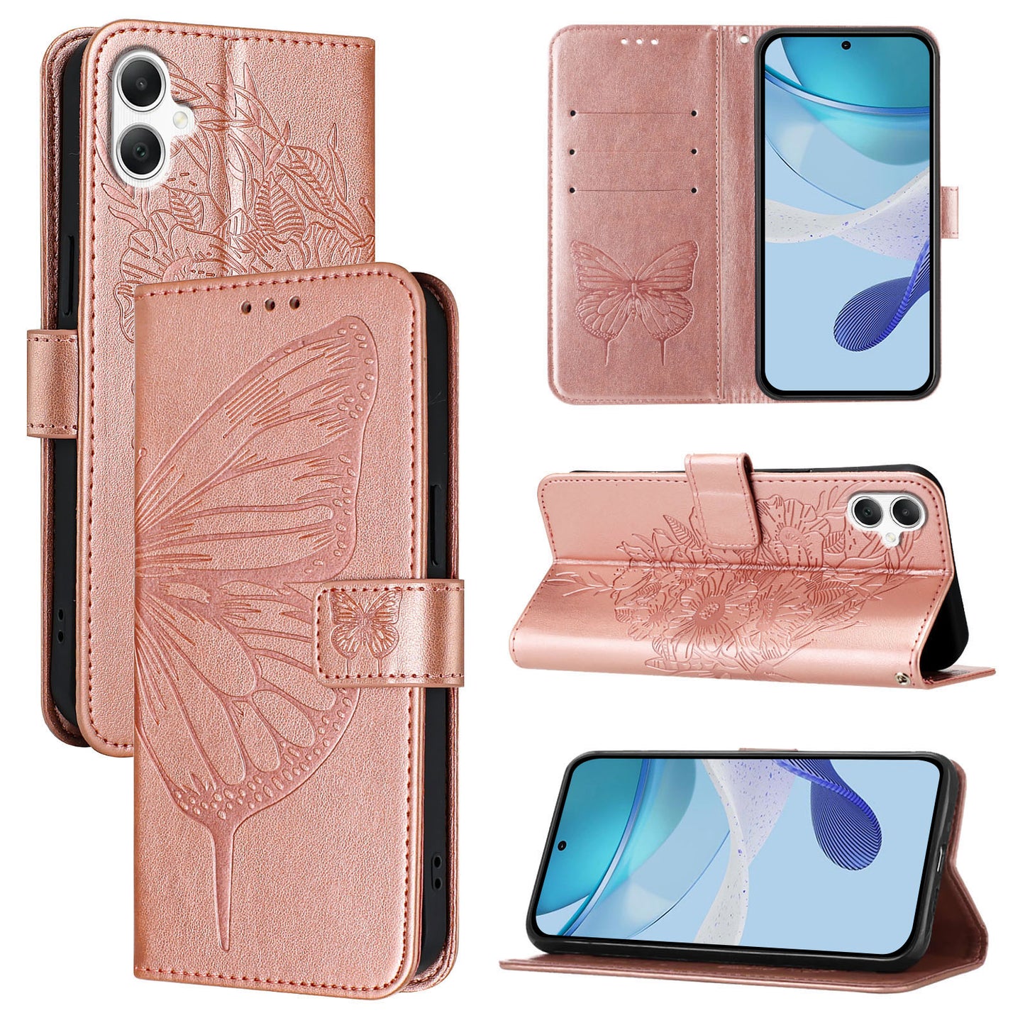 For Samsung Galaxy A06 Case YB Imprinting Series-4 Butterfly Flower Flip Wallet Leather Phone Cover -  Rose Gold