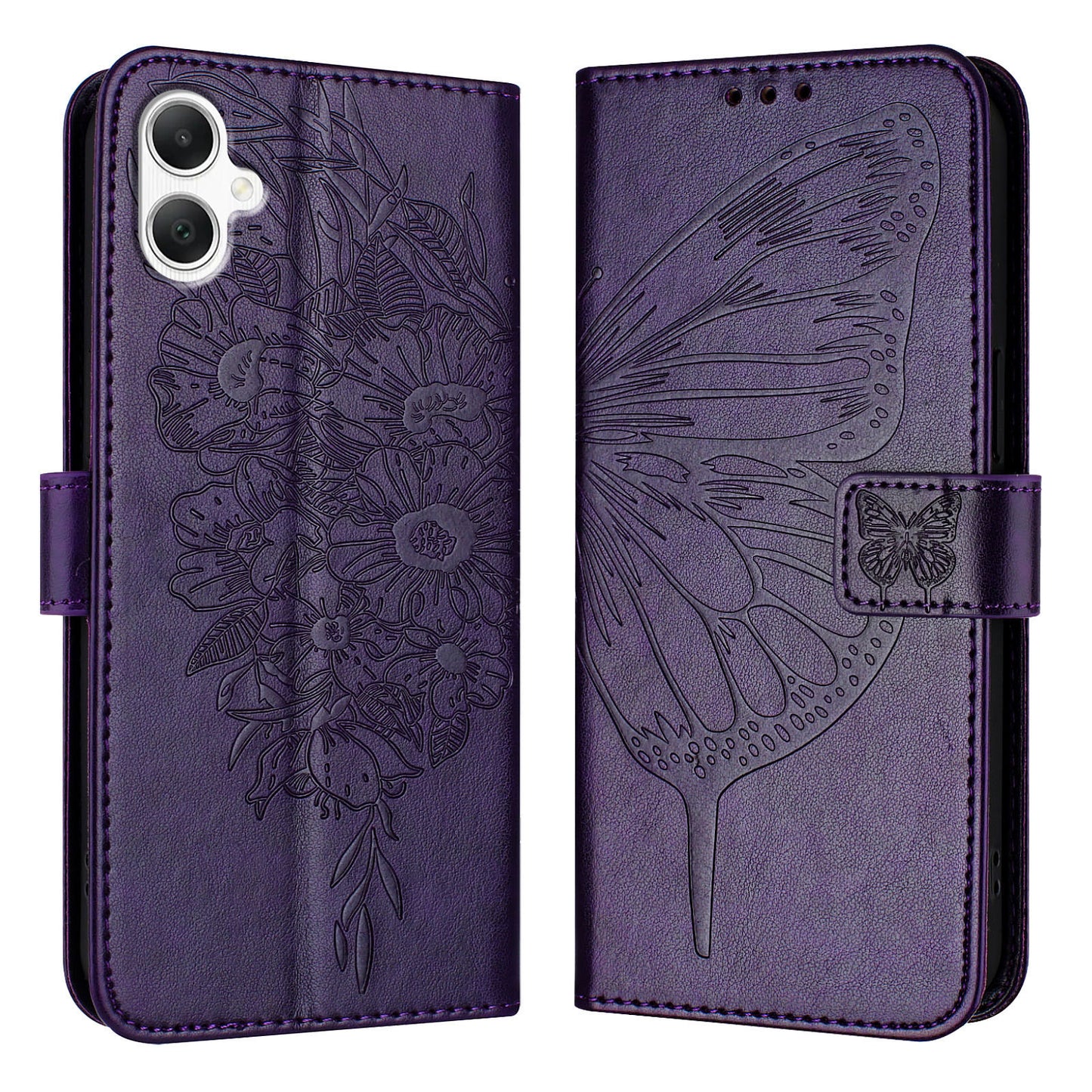For Samsung Galaxy A06 Case YB Imprinting Series-4 Butterfly Flower Flip Wallet Leather Phone Cover - Dark Purple