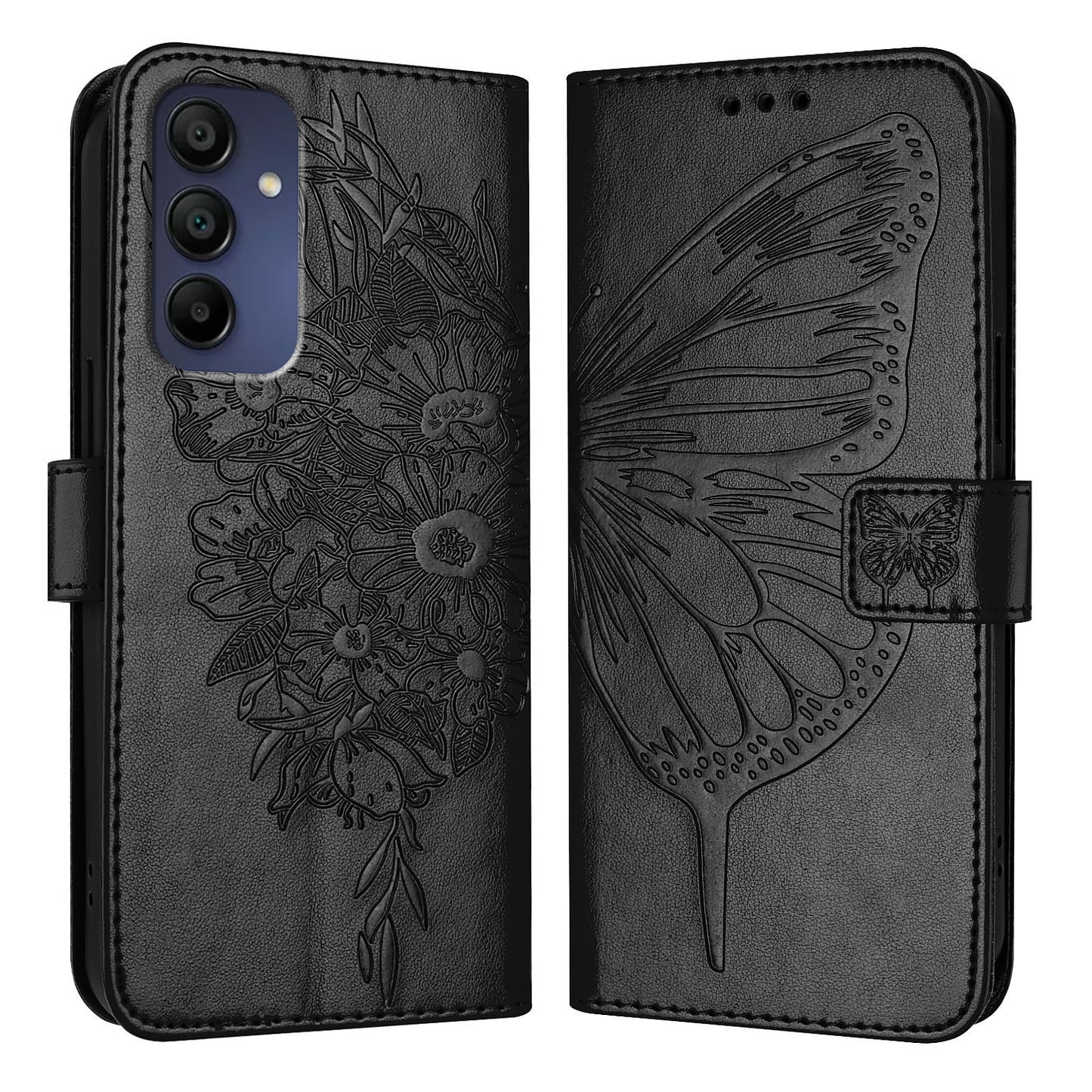 For Samsung Galaxy A16 5G / A16 4G Case YB Imprinting Series-4 Butterfly Flower Flip Wallet Leather Phone Cover - Black